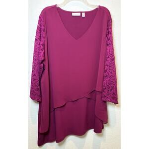 Susan Graver Liquid Knit Magenta Layered Blouse with Lace Sleeves Size 2X